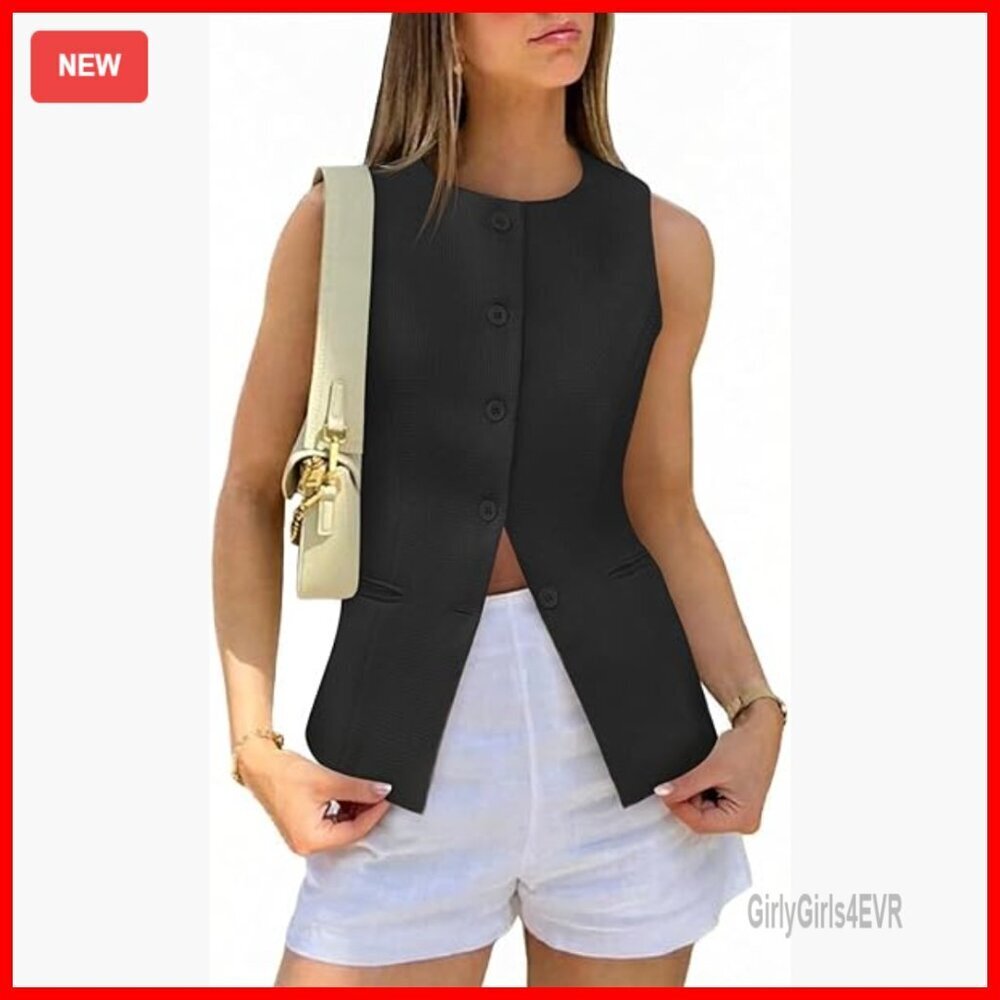 Fitted Tweed Blazer Vest Sleeveless Crew Neck Button Down Waistcoat